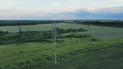 Wall Mural - High voltage power line on industrial electricity line tower for electrification rural countryside