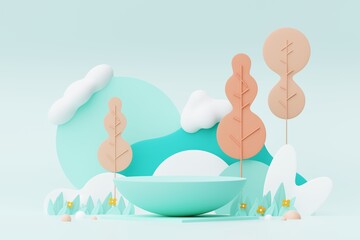 Abstract Pastel of nature, flowers leaves and tree plants with Podium stand platform. Cute Cartoon natural landscape background. Scene of spring colorful plants with minimal design. 3D Render.