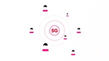 White Background. Motion.Distribution Of The Most Highly Efficient 5g Internet In Animation And Pink Icons Of Users Connecting To The Network Are Visible.