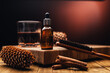 Beard oil with cinnamon on a dark wooden background