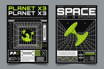 Two posters with HUD elements, perspective grid, futuristic design elements, chart, black hole and model of planet