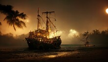 Raster Illustration Of Old Wooden Ship In Bay Surrounded By Palm Trees. Sea Shores, Pirates, Night Landscape, Lights In Cabins, Torn Sail, Middle Age, Moonlight, Broken Boat. 3D Rendering Illustration