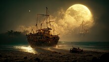 Raster Illustration Of Old Wooden Ship Near The Sea Shore. Full Moon In Clouds, Debris On Sand, Ghost Ship, Palm Trees, Magic Realism, Calm Water, Ocean, Pirate. Night Landscape Concept. 3D Artwork
