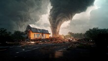 Orange House Destroyed By Tornado. Natural Disaster, Hurricane, Debris, Thunderstorm, Gray Cloud, Wet Road After Rain, Strong Wind. Weather Conditions Concept. 3D Rendering Illustration For Business