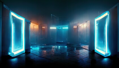 Leinwandbilder - Luminous showcases. Blue, red color, neon glow, edge lighting, mirror, exhibition, laboratory, technology of the future, cyberspace, rectangular portals, parallel world. Metaverse concept. 3D artwork