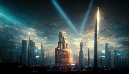 Wall Mural - Raster illustration of night mega city of the future. Dark sky with stars, lights, metropolis, skyscrapers, antennas, satellites, 5g network, business centre. Technology concept. 3D artwork background