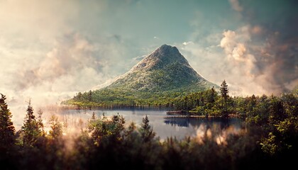 Sticker - Raster illustration of high mountain on the green island. Landscape of a dormant volcano surrounded by forest. Trees, summer, daylight, water, river, sea, clouds in the sky. 3D artwork background