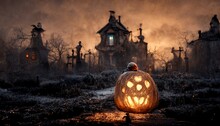 Raster Illustration Of Halloween Pumpkin At The Cemetery. Sabbat, Evil Spirits, Horror, Fear, Frightening Landscape, Black Grass, Night, Orange Light, Fiction, Witchcraft. Mystic Concept. 3D Rendering