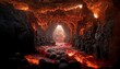 Leinwandbild Motiv Raster illustration of beautiful cave in the rock. Hot cave due to magma and volcano, volcanic eruption, jewelry stones, deep dungeon, descent to hell, throne. 3D rendering artwork
