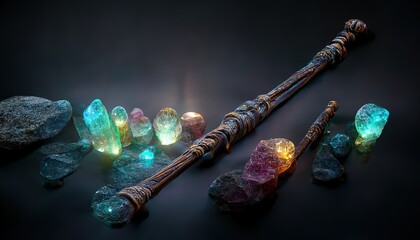 Raster illustration of glowing stones with a magic wand. Magic, realism, science fiction, mysticism, mythology, gems, rocks, alchemy, make a wish. Miracle concept. 3D rendering