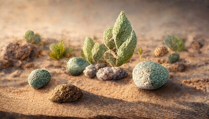 Poster - Raster illustration of stones on the sandy beach. Natural resources, sea stones, grit, mountain rocks, Rock shape background, minimalist mockup for podium display or showcase, 3D rendering.
