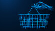 Hand holds a shopping basket. Online shopping. Polygonal design of lines and points. Blue background.
