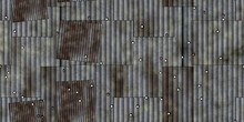 Seamless Rusty Corrugated Sheet Metal Shanty Wall Or Roof Background Texture. Tileable Grungy Old Galvanized Iron Plate With Bullet Holes Surface Pattern Backdrop. High Resolution 3D Rendering..