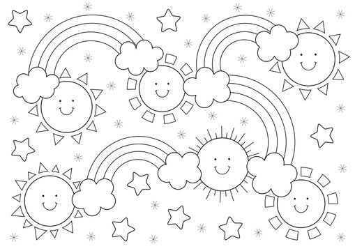 rainbow, clouds and sun coloring page for kids. black and white cartoon design that you can print on a4 size paper