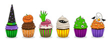 Six Cute Halloween Cupcakes On A White Background. Isolated From Background Vector Illustration