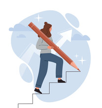 Next Steps Concept. Woman Draws Ladder With Pencil And Climbs Up It. Metaphor Of Motivation And Leadership, Successful And Hardworking Entrepreneur. Hidden Features. Cartoon Flat Vector Illustration