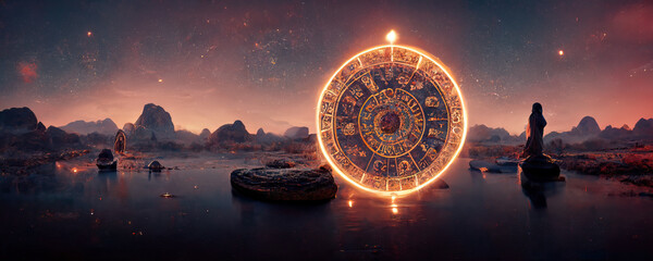 backdrop of sacred zodiac symbols, astrology, alchemy, magic, sorcery and fortune telling. ai-genera