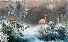 Flamingo And Plants Wallpaper Design, Tropical Leaf, Landscape, Mural Art.
