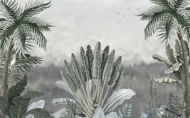 Wall Mural - tropical landscape wallpaper design in pastel tones, soft color, oil painting background, palm and b