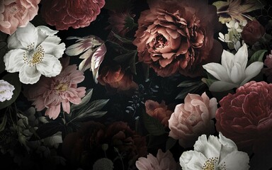 Wall Mural - rose wallpaper design with watercolor effect, pattern design, textile fabric, mural art.