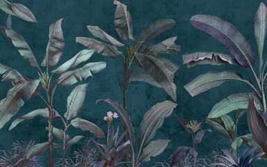 Wall Mural - tropical trees wallpaper design, banana trees and plants, dark background, pattern design, mural art