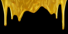Top Border Of Glittering Shiny Metallic Gold Paint Flowing And Dripping Downward. Isolated On Black.