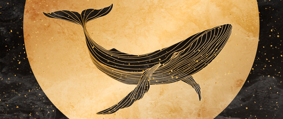 luxury art background with night sky, moon and whale in golden line style. abstract watercolor banne