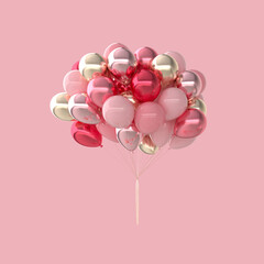Wall Mural - 3d render illustration of realistic glossy red, pink, golden balloons on pink background.