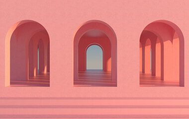 Canvas Print - 3d rendering. Arch hallway pink geometric background, architectural corridor, arch columns, empty wall. ancient housing Banner for travel presentations