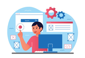 Wall Mural - web development concept. guy at computer preparing design elements, interface and templates for webs