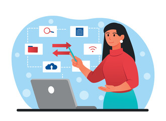 Software integration concept. Young girl sends files. modern technologies and digital world. Electronic storage or archive, working with information and statistics. Cartoon flat vector illustration