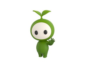 Sticker - Leaf Mascot character saying hi in 3d rendering.