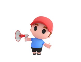 Wall Mural - Little Boy wearing Red Cap character talking in megaphone in 3d rendering.