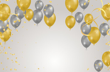 Wall Mural - balloon gray and yellow background. Flying colorful balloons birthday party decoration. Anniversary celebration card, fun carnival holiday joy surprise