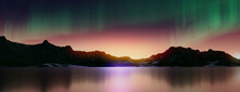 Majestic Sky With Aurora And Stars. Green Northern Lights Banner With Copy-space.