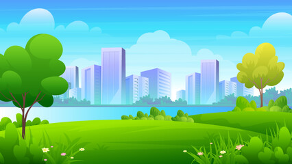 Wall Mural - Green hill with river and skyscrapers opposite, cartoon public garden landscape