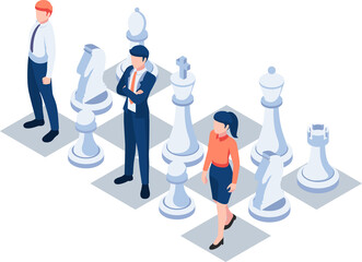 Isometric business team standing with chess