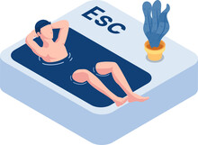 Isometric Businessman Relaxing in The Esc Escape Button Pool