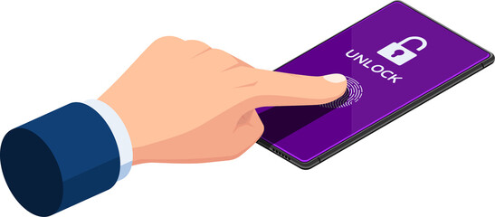Sticker - Isometric businessman use on display fingerprint scanner function to unlock smartphone