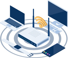 Wall Mural - Isometric electronic devices connected to a Wi–Fi router