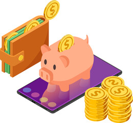Sticker - Isometric piggy bank on smartphone with wallet and dollar coins