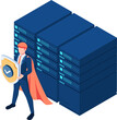 Isometric Super Businessman Holding Shield Protecting Data Center Server Racks
