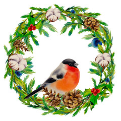 New Year's wreath with bullfinch and cones, Watercolor illustration on an isolated background, Home decoration.