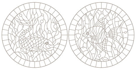 A set of contour illustrations of stained glass Windows with fishes, dark contours on a white background