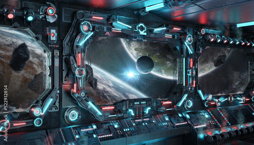 Dark spaceship interior with glowing blue and red lights. Futuristic ...