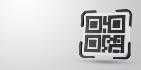 3D QR code icon and space for text against light background. 3D rendered digital symbol.