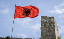Albania, May 12, 2022 - Albanian Flag Flies Over Ruins Of Rozafa Castle.