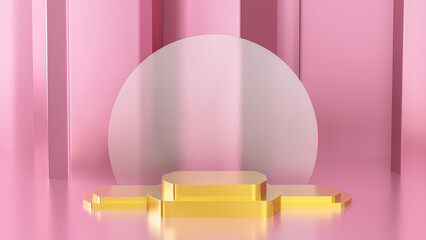 3D rendering. Gold product background stand display or podium pedestal on advertising display with metalic pink backdrops.