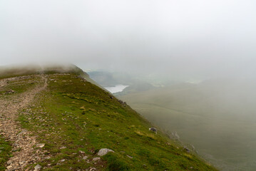 Canvas Print - National Park Lake District, Helvellyn Hills, view while climbing Lake Thirlmere and Red Tarm, crossing Striding Edge and Swirral Edge during fog, 2022.