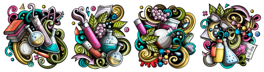 Wall Mural - science cartoon vector doodle designs set.